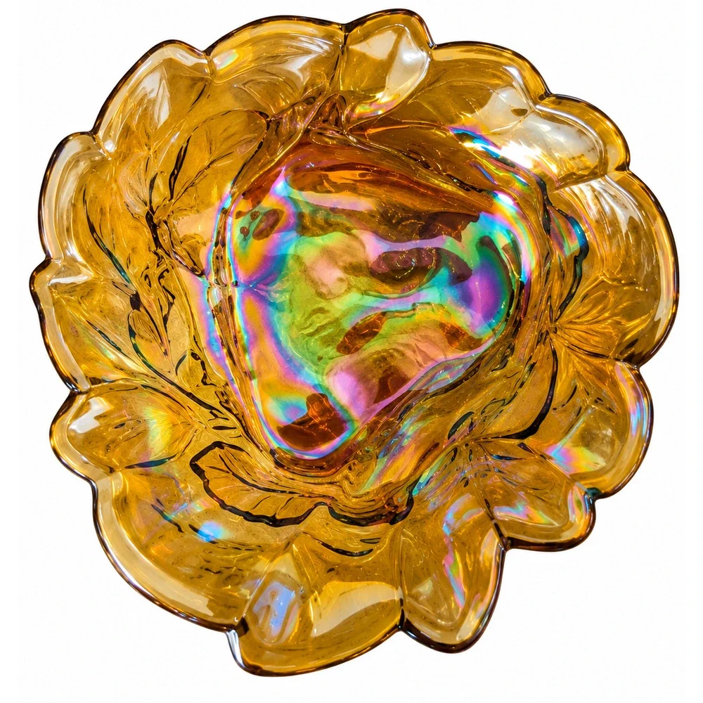 Vintage Iridescent Amber Carnival Glass Grape & Leaf Ruffled Bowl 7.75